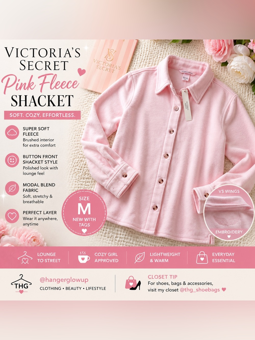 Victoria’s Secret Luxe Modal Fleece Shacket Jacket Pink NWT Medium